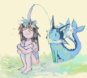 ambiguous_gender biped blue_body brown_hair clothing duo eyes_closed female feral hair motion_lines mouth_closed quadruped sitting tail tail_motion tailwag water louysecosa nintendo pokemon leaf_(pokemon) eeveelution generation_1_pokemon human mammal pokemon_(species) vaporeon 2025 hi_res