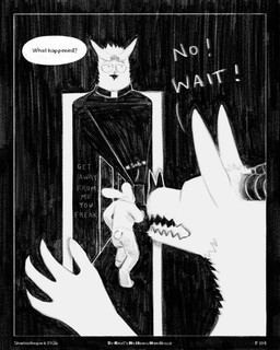 4_fingers anthro border dialogue doorway fingers hallway horn priest priest_robes running running_away sad sharp_teeth speech_bubble teeth text yelling sharkinthepark avian bat bird lagomorph leporid mammal owl rabbit 2026 4:5 absurd_res comic english_text handwritten_text hi_res monochrome