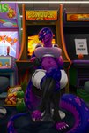 anthro arcade arcade_machine bottomwear breasts chain chips_(food) clothed clothing crop_top fangs female food gradient_tongue legwear looking_at_viewer nipples non-mammal_breasts panties pink_eyes pink_nipples purple_body purple_scales scales shirt shorts solo teeth thong tongue tongue_out topwear translucent translucent_clothing translucent_topwear underwear lovepuma69 neuzu_(anzuneth) reptile scalie snake viper hi_res