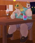 anthro black_nose blue_eyes bottomwear brown_body clothing detailed_background food humanoid_hands inside kemono male overweight overweight_male shirt shorts sitting solo topwear hisashiyo_0705 lifewonders live_a_hero hisaki_(live_a_hero) canid canine canis domestic_dog mammal 2021 hi_res