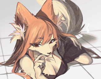 5_fingers barefoot big_breasts black_clothing black_dress black_nose breasts brown_eyes claws cleavage clothed clothing dress feet female finger_claws fingers floor fluffy fluffy_tail front_view fur hair hand_on_hip inner_ear_fluff kemono long_hair long_tail looking_at_viewer lying markings mole_(marking) mole_on_breast mole_under_eye on_side orange_hair smile smiling_at_viewer snout solo tail tile tile_floor tuft yellow_body yellow_fur yellow_inner_ear_fluff yuve2625 canid canine fox mammal hi_res