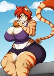 anthro big_breasts bottomwear breast_squish breasts burger cleavage clothed clothing crop_top denim denim_bottomwear denim_clothing detailed_background eyelashes female food fur green_eyes hair huge_breasts long_tail looking_at_viewer markings midriff multicolored_body multicolored_fur navel orange_body orange_fur orange_stripes outside red_hair shirt short_hair shorts sitting small_waist smile solo squish striped_body striped_fur striped_markings striped_tail stripes tail tail_markings tan_body tan_fur thick_thighs thong thong_straps topwear underwear wide_hips superix loree domestic_cat felid feline felis mammal 2019 absurd_res artist_name digital_media_(artwork) hi_res signature