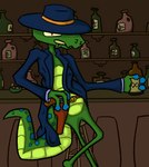 alcohol anthro beer beverage blue_body blue_scales cigarette cigarette_in_mouth clothing cowboy cowboy_hat dergekken green_body green_scales green_skin gun handgun hat headgear headwear male object_in_mouth ranged_weapon revolver scales solo weapon western spezdood eublepharid gecko leopard_gecko lizard reptile scalie hi_res