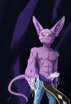 abs anthro balls bodily_fluids bottomwear clothed clothing cum cum_on_hand demanding excessive_cum excessive_genital_fluids genital_fluids genitals humanoid_genitalia humanoid_penis male muscular muscular_anthro muscular_male pants penis presenting solo topless silas_blackwing dragon_ball dragon_ball_super dragon_ball_z beerus domestic_cat felid feline felis mammal absurd_res hi_res