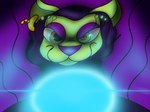 anthro clothing ear_piercing female fur glowing gold_(metal) gold_jewelry green_body green_fur hood jewelry orb piercing purple_background purple_clothing simple_background solo jaythefox333 cartoon_network courage_the_cowardly_dog shirley_the_medium canid canine canis domestic_dog mammal 4:3 hi_res