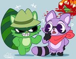 anthro blood bodily_fluids clothing death group hat headgear headwear kerchief male neckerchief neckwear question_mark niipipi happy_tree_friends indigo_park lifty_(htf) lloydford_l._lion rambley_raccoon shifty_(htf) felid lion mammal pantherine procyonid raccoon crossover