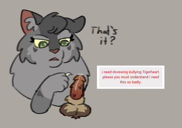 animal_genitalia animal_penis bodily_fluids brown_body brown_fur claws cock_shame dripping duo feline_genitalia feline_penis female feral fur genital_fluids genitals gesture grey_body grey_fur hand_gesture male male/female penile_spines penis pointing pointing_at_penis precum precum_drip text jinglecide warriors_(book_series) dovewing_(warriors) tigerstar_(a_vision_of_shadows) domestic_cat felid feline felis mammal english_text
