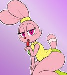 :3 aged_up anthro clothing female food gradient_background kneeling looking_at_viewer open_mouth open_smile panties popsicle simple_background smile solo tail thick_thighs underwear dedreds cartoon_network chowder_(series) panini_(chowder) domestic_cat felid feline felis hybrid lagomorph leporid mammal rabbit