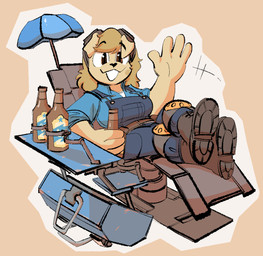 alcohol anthro beer beverage blue_clothing boots brown_eyes clothing combat_boots eyewear female footwear gesture goggles knee_pads lawn_chair looking_at_viewer machine overalls shirt shoes simple_background sitting smile smiling_at_viewer solo toolbox topwear umbrella waving waving_at_viewer the-hydroxian third-party_edit team_fortress_2 valve audrey_(mcsweezy) engineer_(team_fortress_2) canid canine canis domestic_dog mammal color_edit colored hi_res