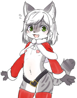 anthro bodily_fluids capelet claws clothed clothing costume female flying_sweatdrops fur green_eyes grey_body grey_fur hair holidays kemono looking_at_viewer navel open_mouth open_smile pasties pink_tongue red_nose santa_costume skimpy sleeves smile solo standing striped_body stripes sweat sweatdrop thong tongue tuft underwear white_hair young young_anthro canopus335 christmas domestic_cat felid feline felis mammal tabby_cat hi_res