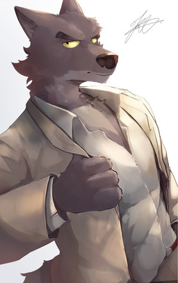 anthro black_nose brown_body brown_fur clothed clothed_anthro clothed_male clothing fur grey_background male simple_background solo kt0414143919 dreamworks the_bad_guys mr._wolf_(the_bad_guys) canid canine canis mammal wolf 2026 colored hi_res signature