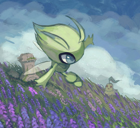 ambiguous_gender antennae_(anatomy) blue_eyes cloud duo feral flower grass green_body insect_wings moss open_mouth plant red_eyes sky wings dietranch nintendo pokemon celebi chikorita elemental_creature flora_fauna generation_2_pokemon humanoid legendary_pokemon pokemon_(species) 2026 hi_res signature