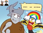 4_arms antennae_(anatomy) anthro armor black_antennae black_body black_eyes blush blush_lines brown_body brown_eyes brown_tuft chest_tuft duo front_view grey_body grey_hair grey_nose hair happy headgear helmet insect_wings male morse_code multi_arm multi_limb multicolored_antennae multicolored_body rainbow red_body red_tuft smile sparkles tongue tuft two_tone_antennae white_antennae wings yellow_body 8-bit-britt navin_(8-bit-britt) spirk_(8-bit-britt) arachnid arthropod beetle elateroid firefly insect spider 2017 digital_media_(artwork)