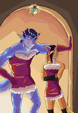 2_tails anthro armpit_hair armwear black_armwear black_clothing black_hair blue_body blue_hair blush body_hair bulge christmas_clothing clothed clothing costume crossdressing crossed_arms dress duo ear_fins femboy fin fur fur_markings gloves grin hair hand_on_wall handwear holidays larger_male leaning_on_wall legwear looking_at_another looking_at_partner looking_away male male/male markings mistletoe multi_tail muscular muscular_male orange_eyes plant red_clothing scar sharp_teeth simple_background size_difference smaller_male smile tail teeth thigh_highs wristband yellow_body yellow_fur mau_bauu christmas caden_(mau_bauu) hua_(mau_bauu) animal_humanoid aquatic aquatic_humanoid domestic_cat felid felid_humanoid feline feline_humanoid felis fish humanoid mammal mammal_humanoid shark absurd_res detailed digital_drawing_(artwork) digital_media_(artwork) hi_res