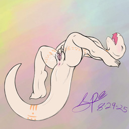 4_toes 5_fingers abstract_background anthro anus arched_back arm_tattoo back_tattoo big_tail big_vulva bodily_fluids claws clitoral clitoral_masturbation clitoral_rubbing clitoris digitigrade dutch_angle ejaculation erect_clitoris fangs feet female female_anthro fingers flat_chested genital_fluids genitals inner_labia leg_tattoo long_tail masturbation monotone_body neck_tattoo nude nude_anthro nude_female open_mouth orange_tattoo orgasm orgasm_face pink_anus pink_clitoris pink_inner_labia pink_tongue pink_vulva plump_labia snout solo tail tail_dimple tail_tattoo tapering_clitoris tapering_tail tattoo teeth thick_tail thick_thighs thigh_tattoo toe_claws toes tongue tribal tribal_tattoo urethra vaginal_fluids vaginal_squirting vulva white_body white_outer_labia white_vulva spe overlord_(series) crusch_lulu lizard lizardman lizardman_(overlord) reptile scalie 1:1 2025 absurd_res dated digital_drawing_(artwork) digital_media_(artwork) flat_colors hi_res signature sketchbook_(artwork)