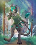 3_toes 4_ears anthro clothed clothing detailed_background feathers feet female forest fur looking_at_viewer multi_ear plant solo standing toes tree waterfall winged_arms wings unknown_artist avarien avali avian borg absurd_res hi_res