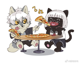 anthro black_body black_bottomwear black_clothing black_fur black_shorts bottomwear chair chibi claws clothed clothing cutlery duo eating eyes_closed eyewear fangs feeding_partner female fluffy fluffy_tail food fork fur furniture glasses grey_body grey_fur hair happy holding_food holding_fork holding_object holding_pizza jacket kitchen_utensils licking licking_lips male multicolored_body multicolored_fur musical_note musical_symbol necktie open_mouth pants pawpads pizza pizza_slice red_necktie school_uniform shirt shorts simple_background sitting skirt smile symbol table tail teeth tongue tongue_out tools toony topwear two_tone_body two_tone_fur uniform white_background white_body white_clothing white_fur white_hair white_shirt white_topwear yellow_eyes yoshi.kaoru canid canine canis domestic_cat felid feline felis mammal wolf