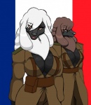 2012 anthro big_breasts black_nose bottomwear breasts brown_hair canid canine canis chloe_(droll3) cleavage clothed clothing domestic_dog droll3 duo female france french_flag hair hi_res long_hair looking_at_viewer mammal pants parody poodle sibling_(lore) sister_(lore) sisters_(lore) smile twins_(lore) white_hair world_war world_war_2 zoe_(droll3)