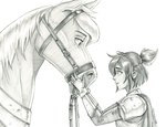 accessory bridle clothed clothing duo eyebrows eyelashes female feral fully_clothed gloves hair hair_accessory hair_bun hair_tie handwear looking_at_another male mane reins baron_engel centaurworld netflix horse_(centaurworld) rider_(centaurworld) equid equine horse human mammal 2021 graphite_(artwork) monochrome traditional_media_(artwork)