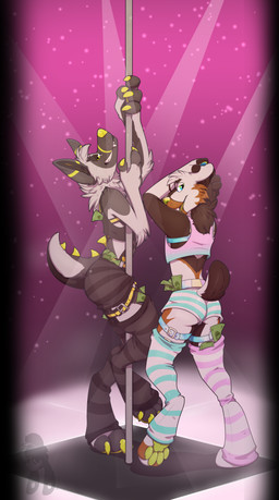 anthro butt clothed clothing crop_top dancing duo footwear legwear looking_back male money pole pole_dancing shirt socks stockings strip_club stripper stripper_pole tipping topwear undressing yiffy1234 gauss_(sparkythesecond) canid canine canis domestic_dog felid hybrid mammal prehistoric_species saber-toothed_tiger absurd_res hi_res