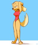 anthro blonde_hair blue_eyes breasts clothing collar digitigrade eyelashes female fur hair hands_behind_head one-piece_swimsuit red_clothing red_swimwear solo standing swimwear tan_body tan_fur thick_thighs wide_hips dauddalmata brandy_and_mr._whiskers disney brandy_harrington canid canine canis domestic_dog mammal 2024 absurd_res hi_res