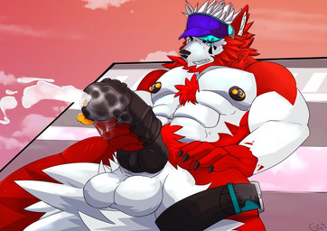 5_fingers abs animal_genitalia animal_penis anthro balls biceps big_muscles black_nipples black_nose black_penis blue_eyes bodily_fluids chest_tuft clothing cum cum_on_hand cum_on_penis cumshot ejaculation equine_genitalia equine_penis fingers fur genital_fluids genital_piercing genitals hat headgear headwear holding_penis knot lying male mismatched_animal_penis mismatched_genitalia mismatched_penis mostly_nude muscular muscular_anthro muscular_male navel nipple_piercing nipples orgasm outside pecs penis penis_piercing piercing prince_albert_piercing pubes red_body red_fur solo teeth tuft visor_cap white_balls white_body white_fur cross-zer0 canid canine canis domestic_dog husky mammal nordic_sled_dog spitz wolf 2018 digital_drawing_(artwork) digital_media_(artwork)