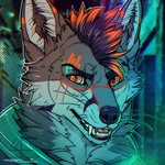 anthro clothed clothing fluffy fur hair looking_at_viewer male open_mouth simple_background smile solo stripefox stripes teeth teeth_showing tongue killingtea cd_projekt_red cyberpunk_2077 canid canine fox mammal 1:1 digital_media_(artwork)