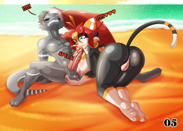 anthro ball_grab balls beach bikini bodily_fluids breasts cat_tail clothing couples cum cum_in_mouth cum_inside cumshot dripping duo ejaculation fellatio female genital_fluids genitals good_boy good_girl green_eyes hair licking lizard_tail male male/female nipples oral orgasm orgasm_face penile penis penis_lick pink_nipples pose red_hair romantic romantic_couple romentic saliva saliva_drip saliva_on_penis sex sucking_glans sunset swimwear tongue two-piece_swimsuit vulva yellow_eyes cranebear melicia_rossi_kiwameru felid feline lizardman mammal scalie absurd_res hi_res pinup