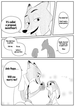 anthro female fur male simple_background text disney zootopia judy_hopps nick_wilde canid canine fox lagomorph leporid mammal rabbit red_fox true_fox 2016 comic english_text hi_res monochrome source_request