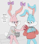 anthro beverage blue_body blue_skin blush buckteeth coffee coffee_cup container cotton_tail cup duo female gift holidays male pink_body pink_skin sitting speech_bubble teeth text anonymous_artist christmas folgers_coffee tiny_toon_adventures warner_brothers babs_bunny buster_bunny lagomorph leporid mammal rabbit 2022 digital_media_(artwork) english_text