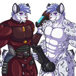 abs anthro balls big_balls big_penis blue_hair bodysuit clothed clothed_anthro clothed_male clothing erection fangs fur genitals grey_body grey_fur gun hair handgun holding_gun holding_handgun holding_object holding_pistol holding_ranged_weapon holding_weapon huge_penis knot looking_at_viewer male markings multicolored_body multicolored_fur muscular muscular_anthro muscular_male nude_anthro nude_male penile_spines penis pistol plasma_gun purple_eyes ranged_weapon red_bodysuit red_clothing red_skinsuit sabertooth_(anatomy) science_fiction simple_background skinsuit solo spots spotted_body spotted_fur teeth tight_clothing torn_clothing trigger_discipline weapon white_background white_body white_fur adjatha trials_in_tainted_space eitan_(trials_in_tainted_space) felid mammal milodan pantherine snow_leopard 1:1 2019 hi_res story story_in_description
