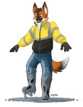 anthro black_body black_clothing black_fur black_topwear blue_bottomwear blue_clothing blue_pants bottomwear cement clothing dirty fangs front_view fur male open_mouth orange_body orange_fur pants simple_background solo standing teeth topwear white_background white_body white_fur yellow_clothing yellow_topwear yookie canid mammal full-length_portrait hi_res portrait