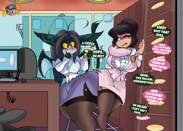 beverage big_breasts big_butt black_body black_hair black_skin blush bottomwear breasts butt cleavage clothed clothing coffee collared_shirt computer curvy_figure detailed_background dialogue dress_shirt duo electronics eyewear female fingers glasses green_eyes hair hourglass_figure huge_breasts huge_butt humanoid_pointy_ears legwear multicolored_body multicolored_skin not_furry office pointy_ears red_eyes shirt skirt smile stockings stuck teal_body teal_skin teeth text thick_thighs tongue topwear voluptuous white_body white_skin wide_hips wings yellow_sclera inkit89 human humanoid imp mammal twili 2021 digital_media_(artwork) english_text hi_res
