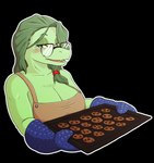alternate_costume anthro apron apron_only bedroom_eyes big_breasts blush breasts candy chocolate chocolate_chip_cookie chocolate_chips cleavage clothed clothing cookie cookie_tray dessert eyelashes eyes_closed eyewear female food freckled_chest freckled_face freckles glasses green_body green_hair green_scales grey_eyes hair handwear looking_at_viewer narrowed_eyes open_mouth open_smile oven_mitts scales seductive simple_background smile snout solo transparent_background yellow_sclera lazy-a-ile cavemanon_studios i_wani_hug_that_gator olivia_halford baryonyx dinosaur prehistoric_species reptile scalie spinosaurid theropod 2024 absurd_res alpha_channel digital_drawing_(artwork) digital_media_(artwork) hi_res