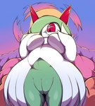 big_breasts bottomless breasts clothed clothing covering covering_breasts dynamax female genitals hair hair_over_eye huge_breasts looking_down low-angle_view not_furry one_eye_obstructed pussy solo greepurl nintendo pokemon generation_3_pokemon humanoid kirlia pokemon_(species) hi_res