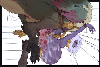 after_sex anthro anthro_on_feral arms_tied barn bdsm belly_riding bestiality bodily_fluids bondage bound breasts claws crying cuff_(restraint) cum cum_from_vagina cum_in_vagina cum_inflation cum_inside female feral genital_fluids genitals inflation knot knotted_penis knotting legs_tied male male/female penis red_eyes restraints ridged_knotted_penis ridged_penis small_breasts tears vulva anonymous_artist capcom final_fantasy final_fantasy_xiv monster_hunter mythology square_enix nael_deus_darnus bird_wyvern dragon mythological_creature mythological_scalie scalie seikret absurd_res hi_res