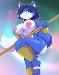 anthro big_breasts bigdon1992 blue_body blue_fur blue_hair breasts canid canine clothing digital_media_(artwork) female fox fur hair hi_res krystal_(star_fox) long_hair looking_at_viewer mammal mostly_nude nintendo nipples solo star_fox thick_thighs white_body white_fur