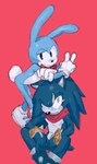 5_fingers anthro bent_legs blue_body blue_fur cheeky duo fingers fur gesture hand_gesture male one_eye_half-closed pose scar serious sitting tail v_sign white_body white_fur white_glove squidly sega sonic_the_hedgehog_(series) feels_the_rabbit terios_the_hedgehog eulipotyphlan hedgehog lagomorph leporid mammal rabbit 2024 english_description hi_res