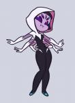 black_hair cosplay fangs female hair hands_on_hips hood multi_arm multi_eye multi_limb purple_eyes solo teeth khuzang marvel undertale undertale_(series) muffet spider-gwen animal_humanoid arachnid arachnid_humanoid arthropod arthropod_humanoid humanoid spider_humanoid hi_res