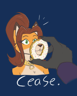 anthro arm_tuft chest_tuft collar dessert dipstick_ears disembodied_hand doughnut ear_markings emanata eyebrows eyelashes female food fur green_eyes hair multicolored_ears muzzle_(object) muzzled orange_body orange_fur pastry ponytail shoulder_tuft solo tan_body tan_fur text tuft evilymasterful aeri_azelia canid canine fox mammal 2025 4:5 alpha_channel english_text