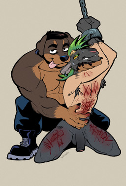 anthro anthro_on_anthro armpit_hair arms_above_head balls bdsm blood blood_play bodily_fluids body_hair boots bottomwear bound brown_body clenched_teeth clothing crouching cuff_(restraint) cut_horn dominant dominant_anthro dominant_male duo ear_piercing ear_ring flaccid floppy_ears footwear foreskin genitals gore grabbing_head grey_body hands_tied head_grab horizontal_pupils humanoid_genitalia humanoid_penis humiliation humiliation_fetish kneeling looking_at_viewer male male/male male_anthro masochism muscular muscular_anthro muscular_male nipples nude_anthro nude_male pain pain_play pants penis piercing pupils restrained restraints ring_piercing shaved shaved_fur shoes simple_background slim_anthro slim_male submissive submissive_anthro submissive_male sweat sweatdrop tan_background tan_body teeth tic_tac_toe tongue tongue_out unretracted_foreskin wounded vrobei bovid canid canine canis caprine domestic_dog goat mammal hi_res