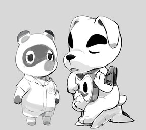acoustic_guitar anthro bottomwear chibi clothing duo eyes_closed guitar kemono male musical_instrument plucked_string_instrument shirt shorts simple_background sitting slightly_chubby string_instrument topwear masshiro animal_crossing nintendo k.k._slider tom_nook_(animal_crossing) canid canine canis domestic_dog mammal raccoon_dog tanuki 2020
