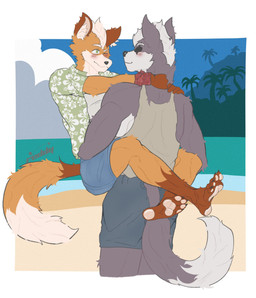 anthro beach blush carrying_another carrying_partner clothing duo eye_patch eyewear male male/male muscular muscular_male sea shirt tank_top topwear water reddydoodle nintendo star_fox fox_mccloud wolf_o'donnell canid canine canis fox mammal wolf hi_res