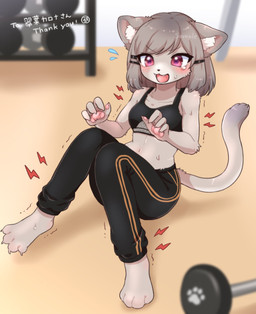 4_fingers 4_toes accessory anthro barbell barefoot black_clothing black_nose blush bodily_fluids bottomwear breasts claws clothed clothing crying exercise fangs feet female female_anthro finger_claws fingers fur green_hair grey_body grey_fur hair hair_accessory hairclip inner_ear_fluff midriff open_mouth pain pawpads paws pink_pawpads sitting solo spread_toes sweat tail tears teeth text toe_claws toes tongue topwear tuft weights workout workout_clothing koto0v0haru domestic_cat felid feline felis mammal digital_media_(artwork) hi_res