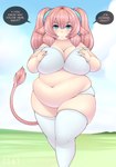 belly big_belly big_breasts blue_eyes breasts cleavage clothed clothing dialogue female hair holding_breast huge_breasts huge_thighs legwear navel outside overweight overweight_female overweight_humanoid pink_hair solo speech_bubble stockings tail text thick_thighs topwear walking pixiveo unnamed_character animal_humanoid bovid bovid_humanoid bovine bovine_humanoid cattle_humanoid humanoid mammal mammal_humanoid hi_res