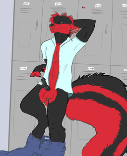 4_fingers anthro balls biped black_body black_fur bodily_fluids bottomwear bottomwear_down claws clothed clothing collarbone cum erection fingerless_(marking) fingers fur genital_fluids genitals hair hair_over_eye hand_behind_head inside locker looking_aside male nude on_one_leg one_eye_obstructed open_clothing open_shirt open_topwear pants pants_down partially_clothed penis red_body red_eyes red_fur red_hair school school_hallway shirt short_hair solo standing tail topwear ventral_groove rika_(artist) zael mammal mephitid skunk striped_skunk 2010 digital_media_(artwork)