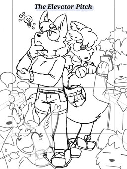 anthro background_crowd bottomwear clothed clothed_anthro clothing duo_focus elevator eyebrow_piercing eyewear facial_piercing female fluffy fluffy_tail footwear fur glasses group hiding_behind_another hiding_behind_tail idea_bulb light_bulb male male/female nervous pants piercing shoes shorts sweater tail tail_grab thinking_pose title topwear wearing_glasses bloop_uwu background_character senth_(riley_canvessa) splootchy_(riley_canvessa) canid canine canis domestic_cat domestic_dog felid feline felis mammal wolf 3:4 comic first_page hi_res line_art monochrome