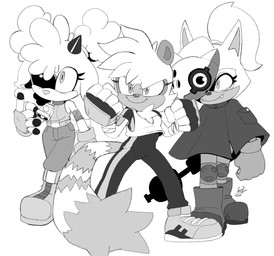 anthro bell bell_collar belt boots bottomwear breasts chest_tuft cloak clothing collar eyelashes fangs female female_anthro fingerless_gloves footwear gloves group hair handwear horn knee_pads mask pants ponytail shoes smile teeth trio tuft aeo_x3 idw_publishing sega sonic_the_hedgehog_(comics) sonic_the_hedgehog_(idw) sonic_the_hedgehog_(series) lanolin_the_sheep_(sonic) tangle_the_lemur whisper_the_wolf bovid canid canine canis caprine lemur mammal primate ring-tailed_lemur sheep strepsirrhine wolf 2026 hi_res monochrome sketch