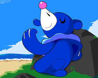 ambiguous_gender beach blue_body cloud eyes_closed feral markings moss plant rock sea sky solo tail water whisker_markings sleepy_sealion nintendo pokemon generation_7_pokemon pokemon_(species) popplio 2025 5:4 absurd_res dated hi_res signature