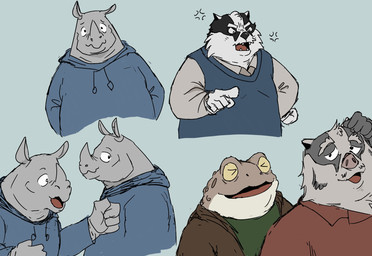 angry anthro black_body black_fur black_nose clothing duo fur hoodie male overweight overweight_male shirt simple_background solo topwear white_body white_fur taxonite amphibian badger frog hog_badger mammal mustelid musteline rhinoceros toad_(frog) 2026 hi_res